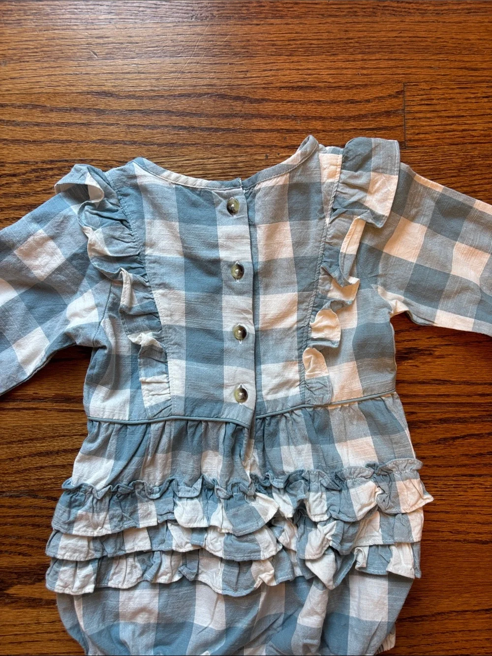 Ruffle Butts Blue & White Gingham Plaid Toddler Ruffle Onesie Bubble Romper 2T